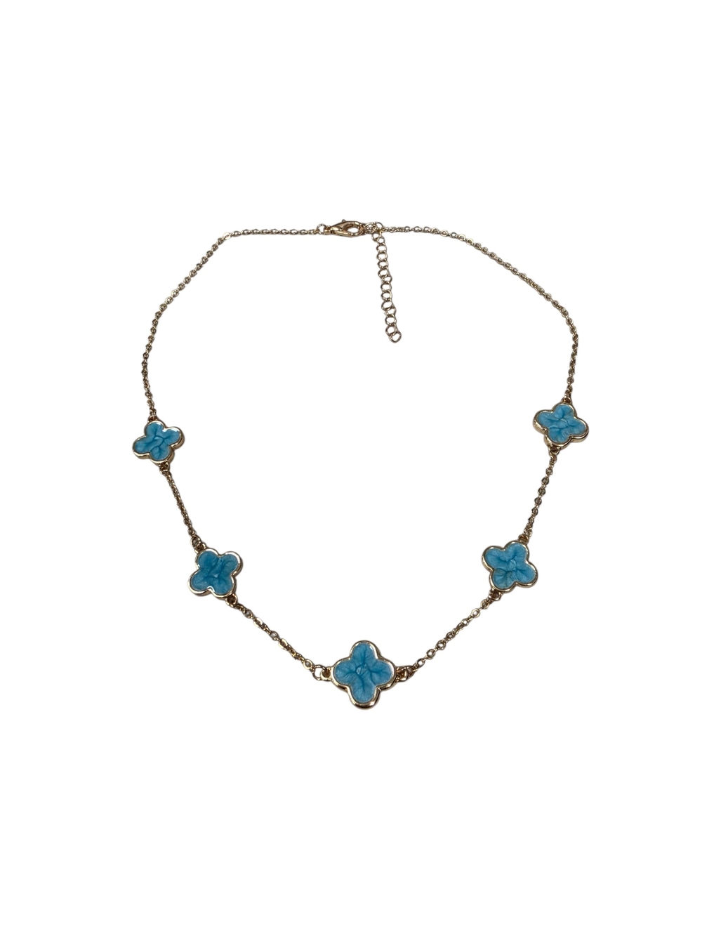 Aqua Clover Station Necklace Gold-Tone Four Leaf Iridescent Swirl Blue Enamel